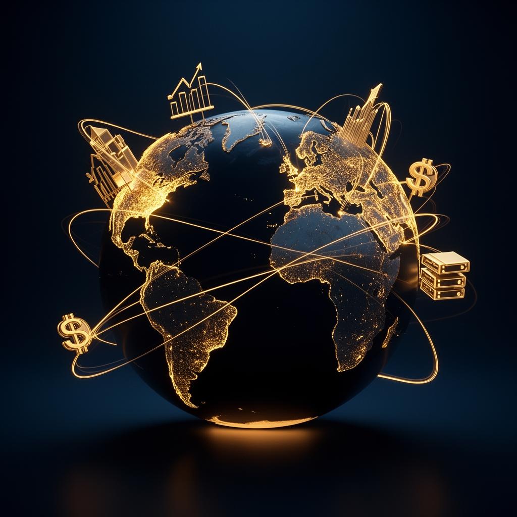 Dark globe with golden trading routes connecting world financial centers