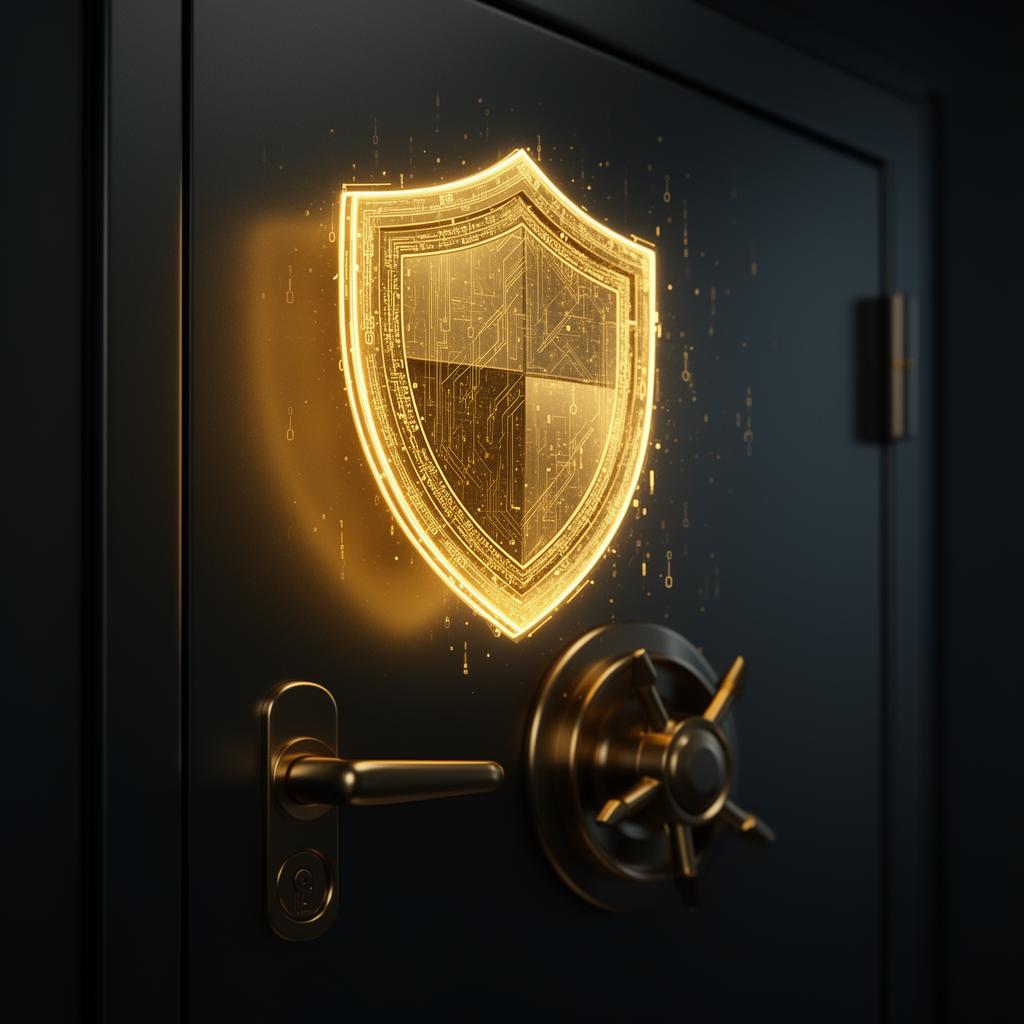 Glowing golden security shield over a dark vault door