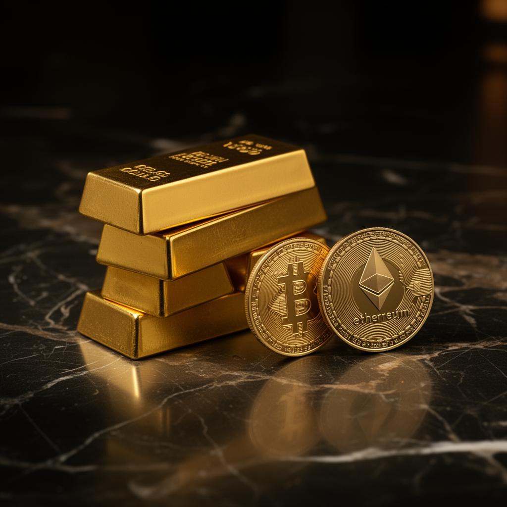 Gold bars next to bitcoin and ethereum coins on dark marble